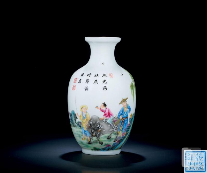 民国 珐琅彩牧牛图诗文灯笼瓶 - 图2